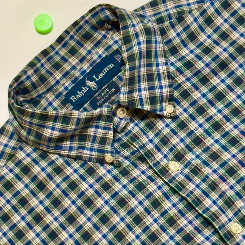 Ralph Lauren Blake Blue Plaid Large‎ Cotton Button Down Shirt ~ Excellent